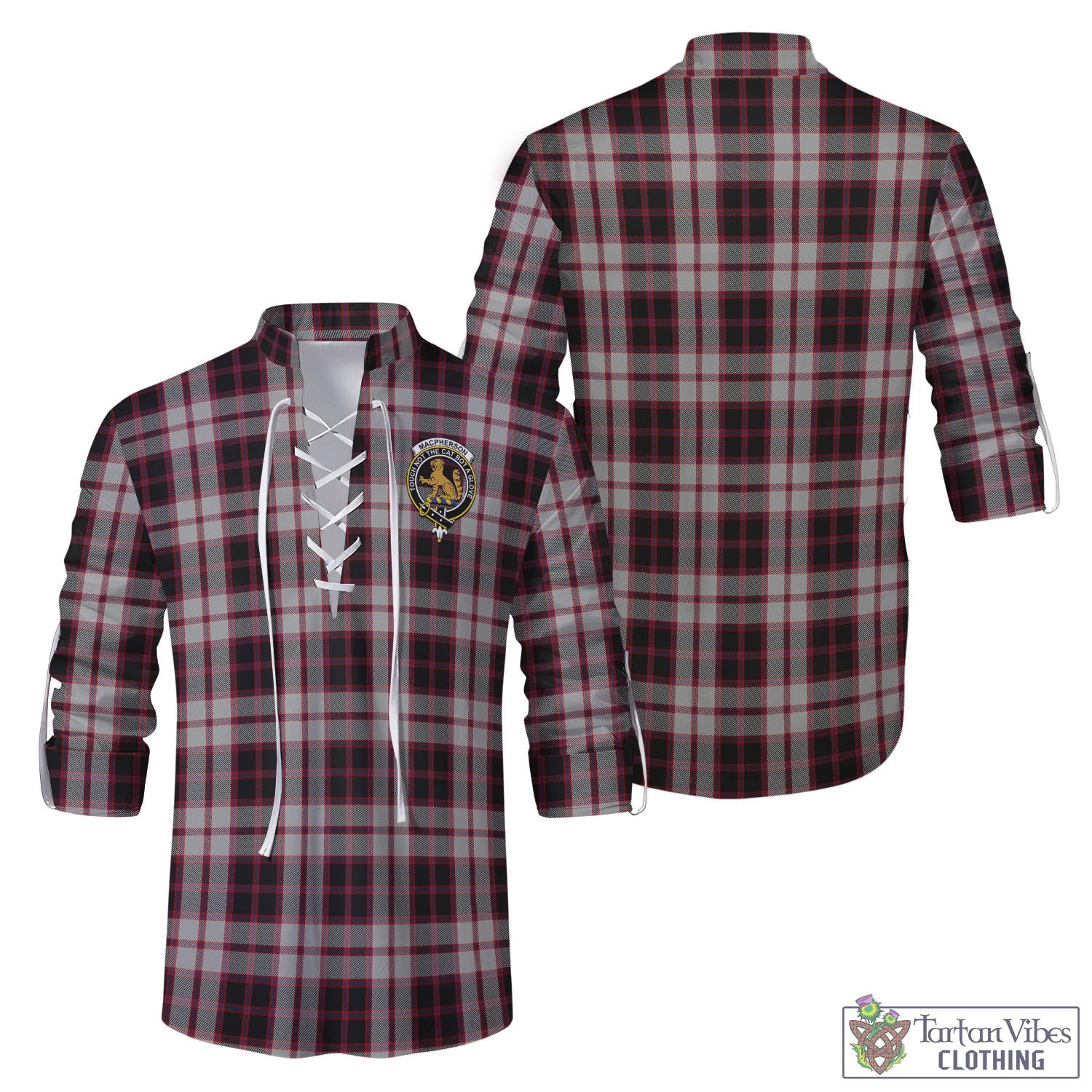 Tartan Vibes Clothing MacPherson Tartan Men's Scottish Traditional Jacobite Ghillie Kilt Shirt with Family Crest