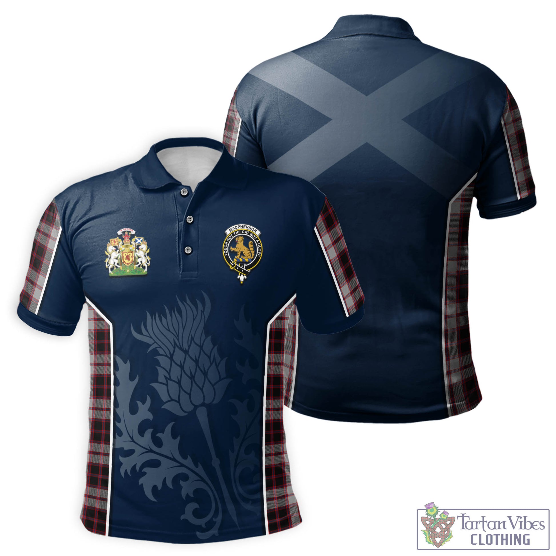 Tartan Vibes Clothing MacPherson Tartan Men's Polo Shirt with Family Crest and Scottish Thistle Vibes Sport Style