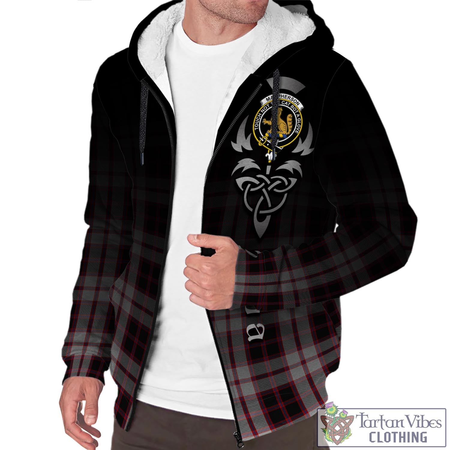 Tartan Vibes Clothing MacPherson Tartan Sherpa Hoodie Featuring Alba Gu Brath Family Crest Celtic Inspired