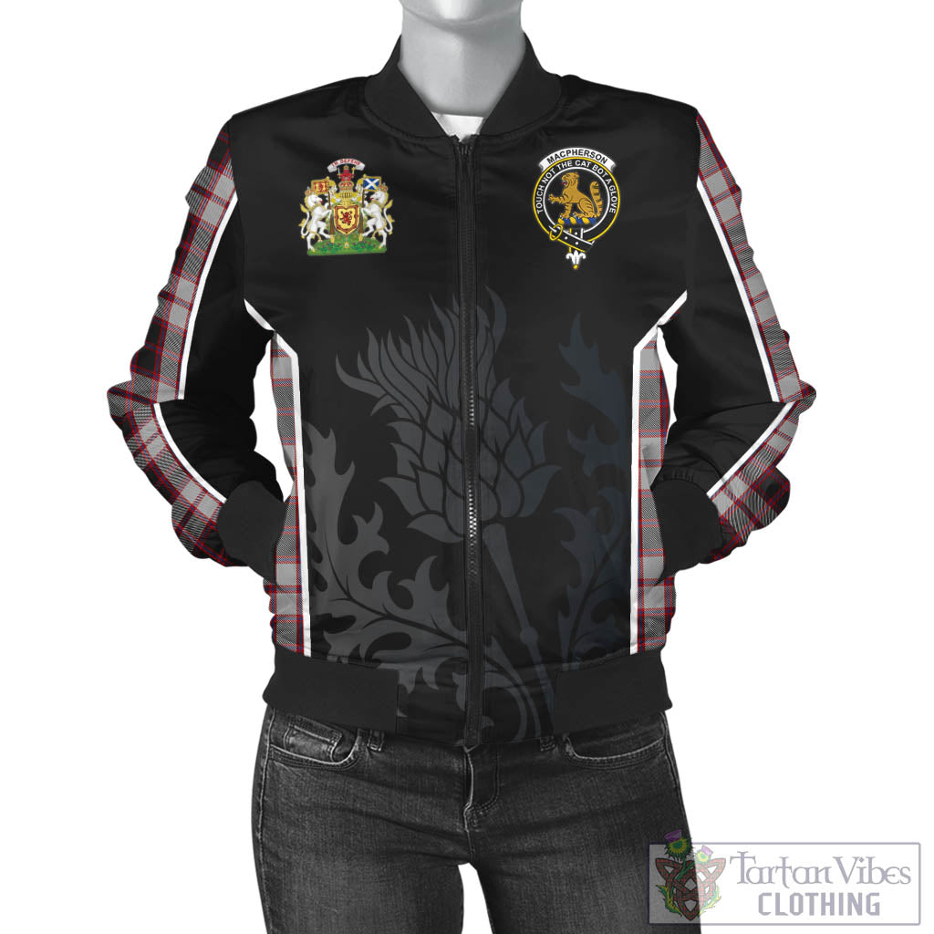 Tartan Vibes Clothing MacPherson Tartan Bomber Jacket with Family Crest and Scottish Thistle Vibes Sport Style