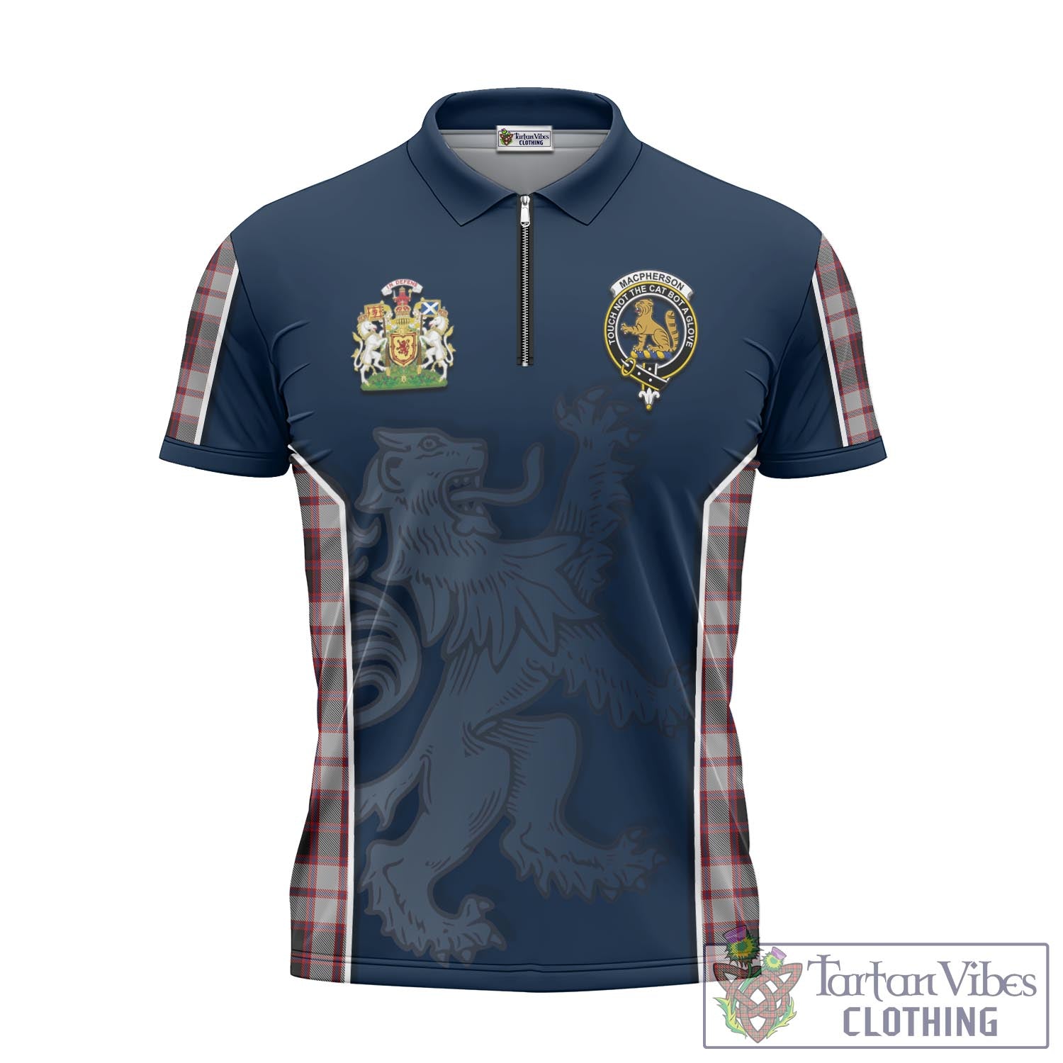 Tartan Vibes Clothing MacPherson Tartan Zipper Polo Shirt with Family Crest and Lion Rampant Vibes Sport Style