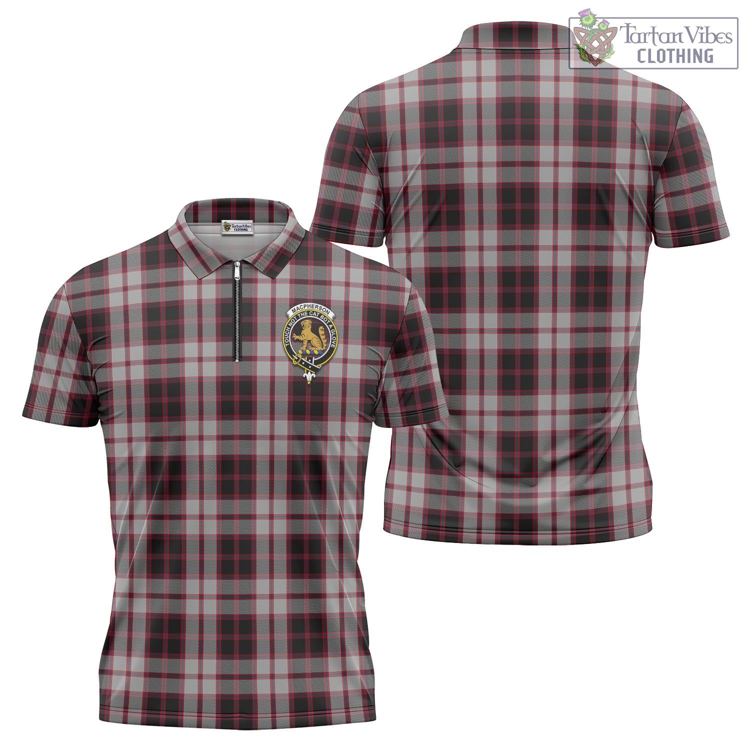 Tartan Vibes Clothing MacPherson Tartan Zipper Polo Shirt with Family Crest
