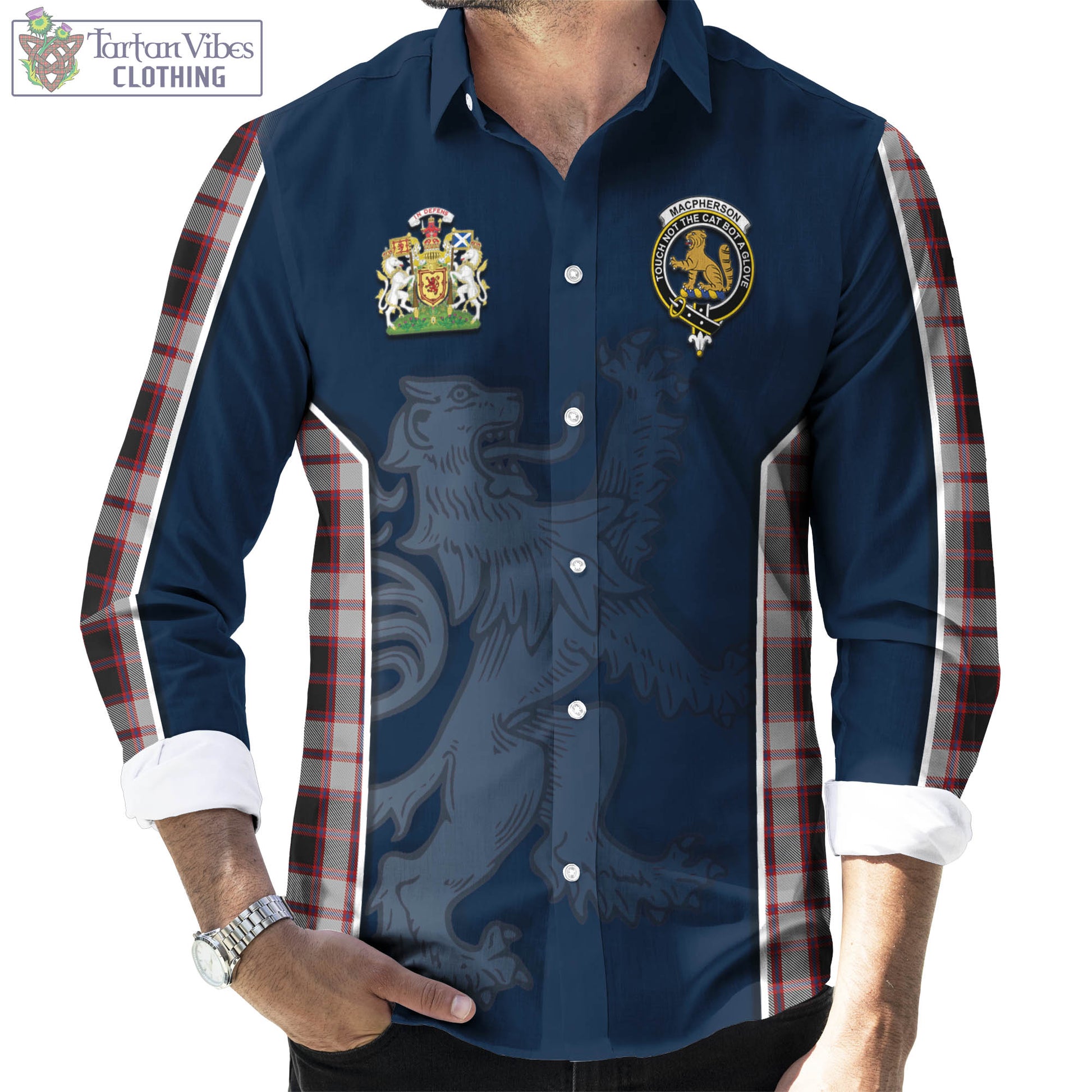 Tartan Vibes Clothing MacPherson Tartan Long Sleeve Button Up Shirt with Family Crest and Lion Rampant Vibes Sport Style