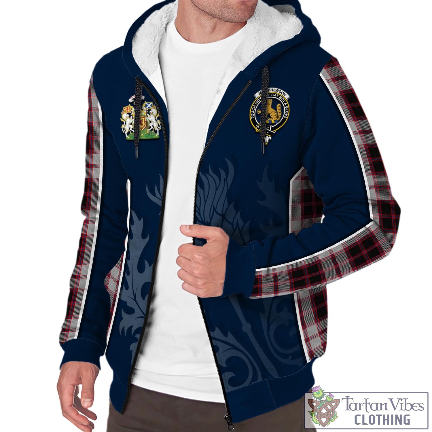 Tartan Vibes Clothing MacPherson Tartan Sherpa Hoodie with Family Crest and Scottish Thistle Vibes Sport Style