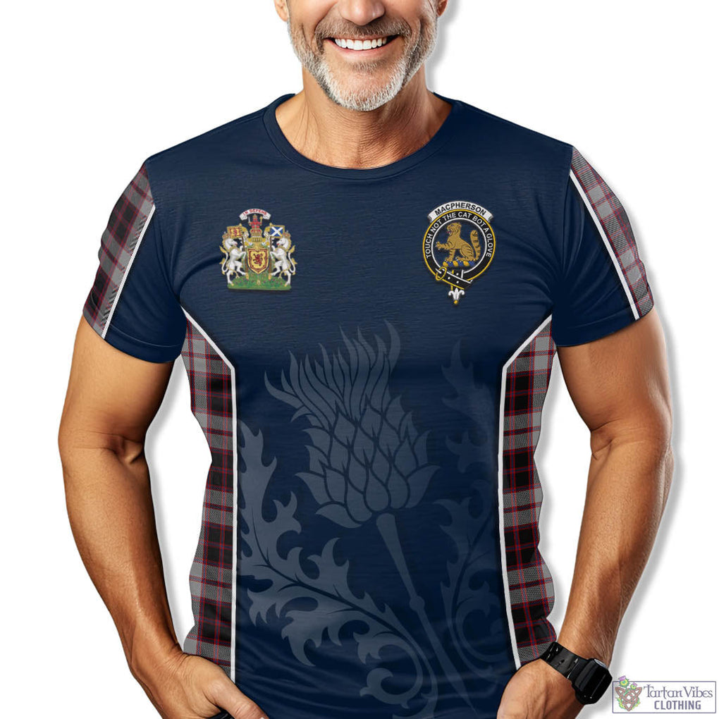 Tartan Vibes Clothing MacPherson Tartan T-Shirt with Family Crest and Scottish Thistle Vibes Sport Style