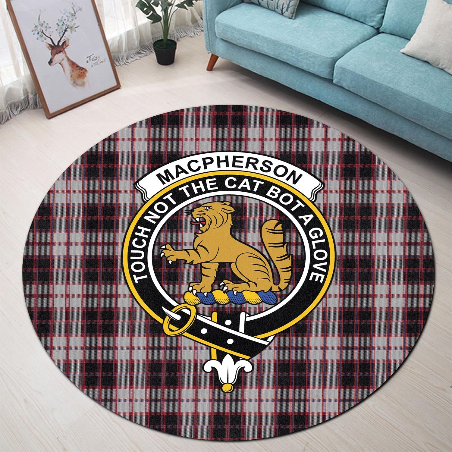 macpherson-tartan-round-rug-with-family-crest