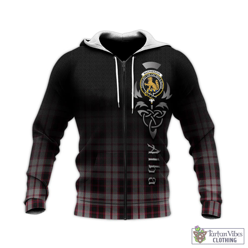 Tartan Vibes Clothing MacPherson Tartan Knitted Hoodie Featuring Alba Gu Brath Family Crest Celtic Inspired