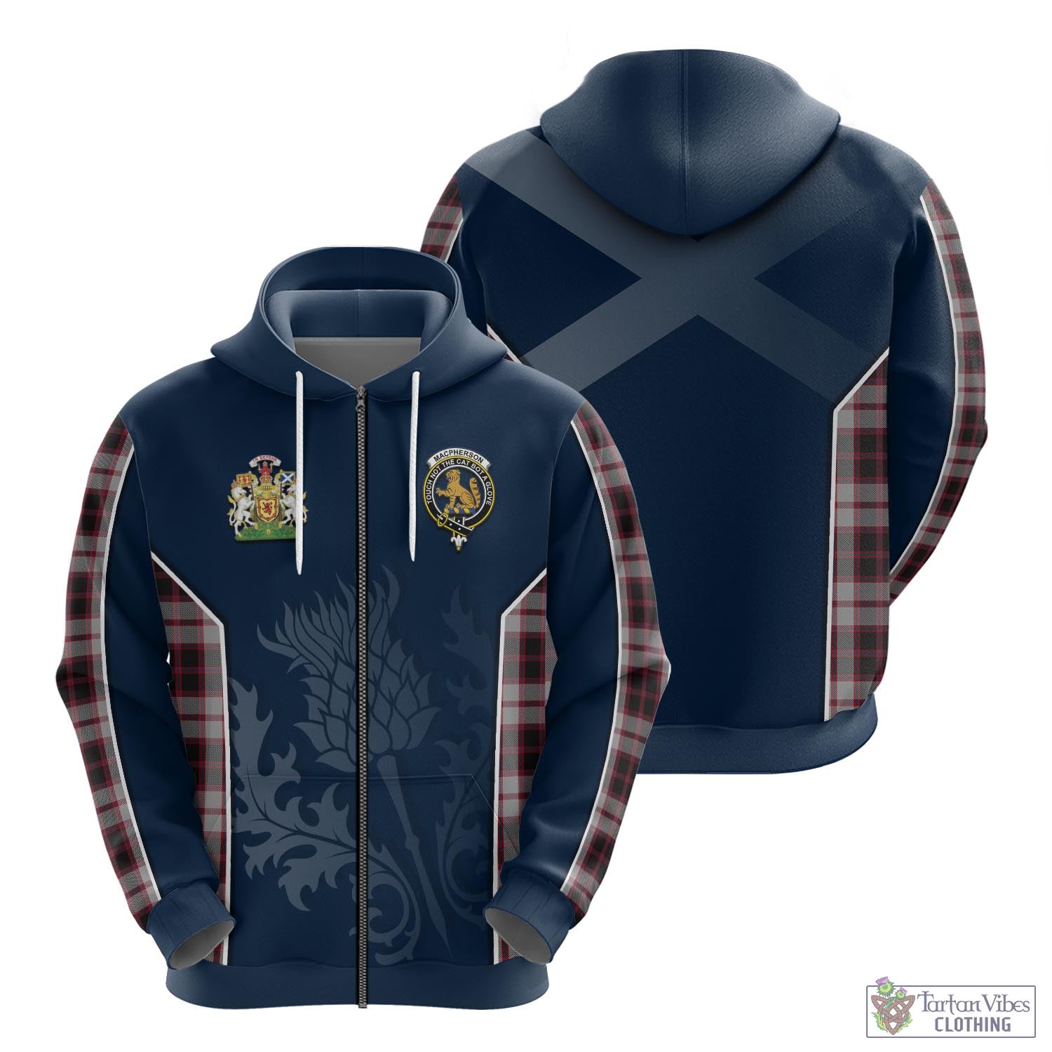 Tartan Vibes Clothing MacPherson Tartan Hoodie with Family Crest and Scottish Thistle Vibes Sport Style