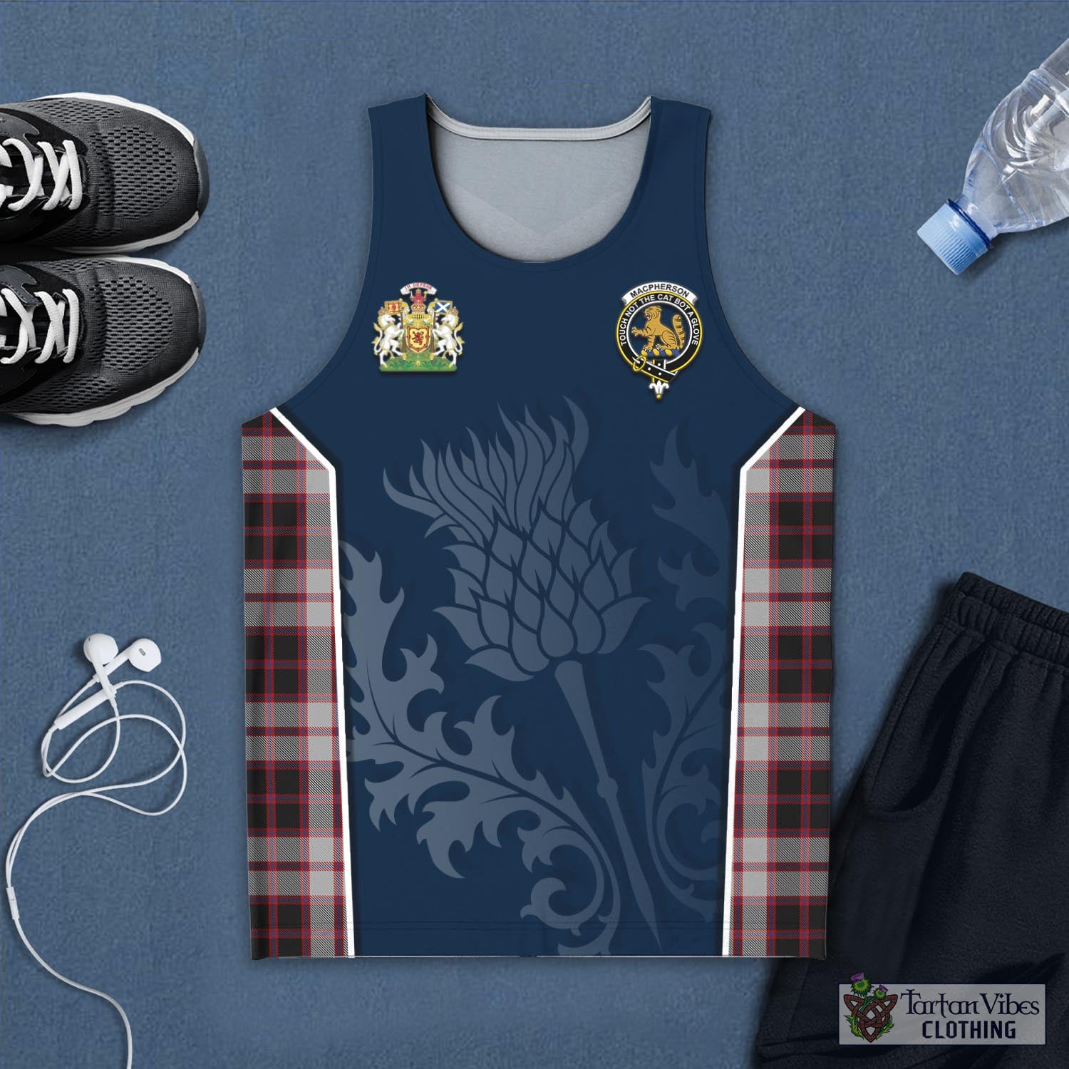 Tartan Vibes Clothing MacPherson Tartan Men's Tanks Top with Family Crest and Scottish Thistle Vibes Sport Style