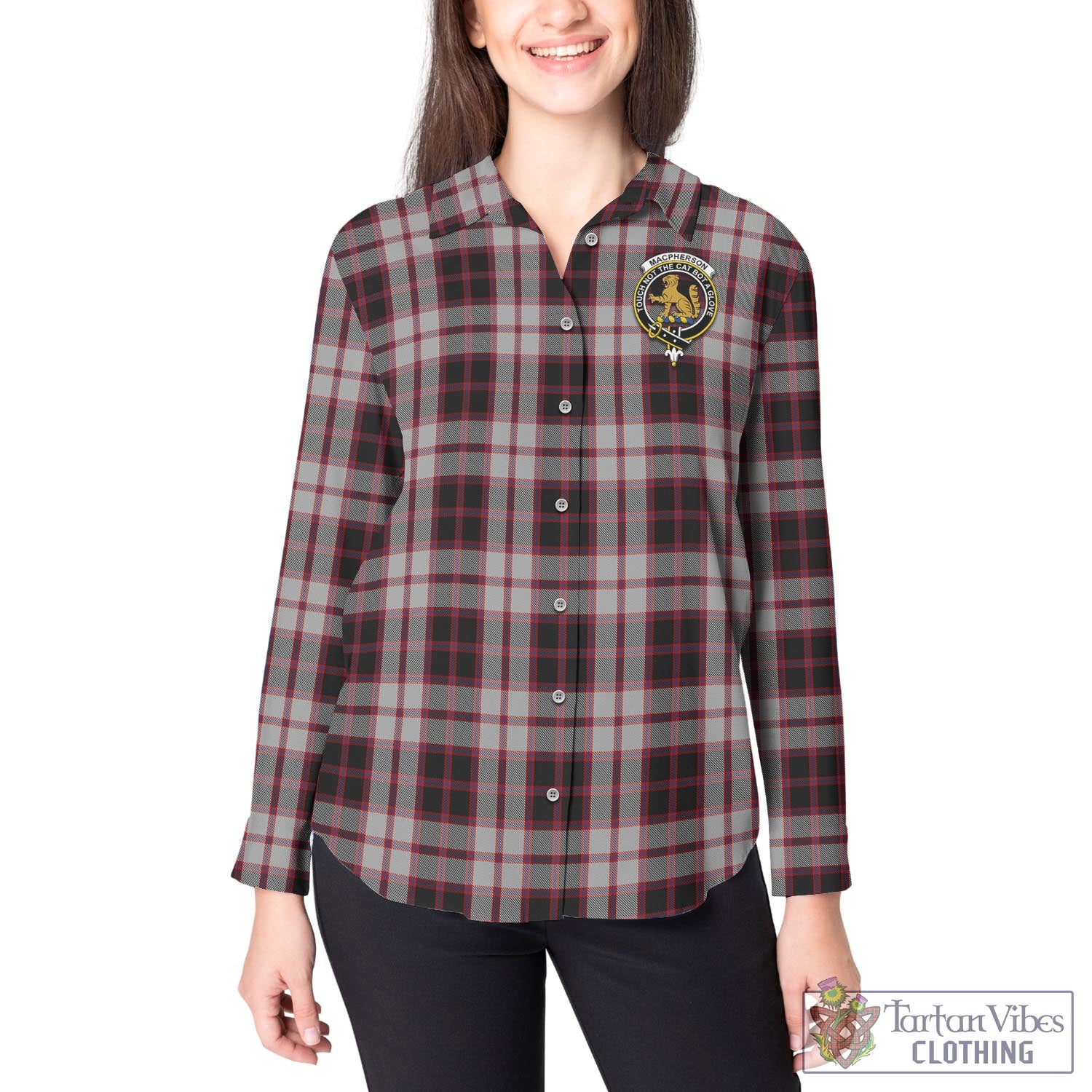 Tartan Vibes Clothing MacPherson Tartan Womens Casual Shirt with Family Crest