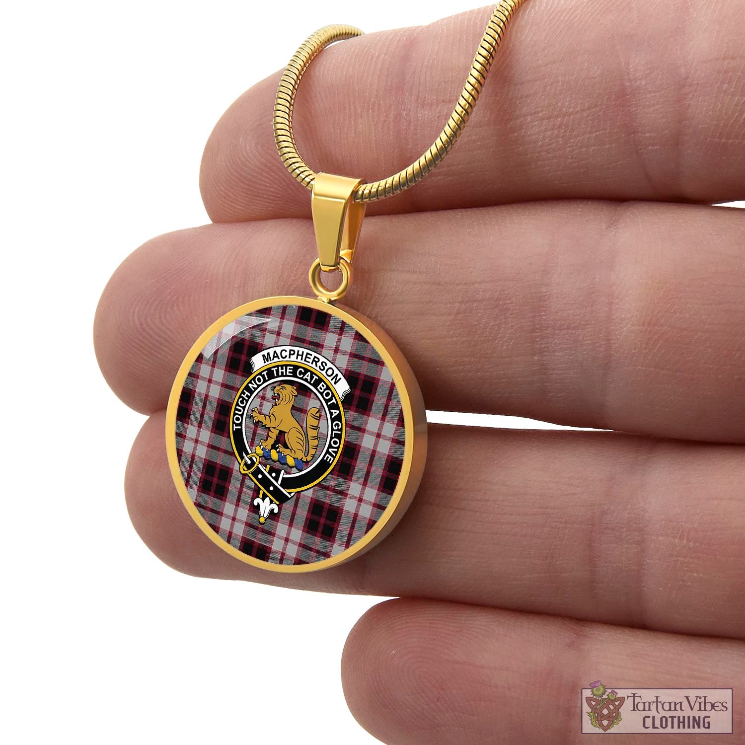Tartan Vibes Clothing MacPherson Tartan Circle Necklace with Family Crest