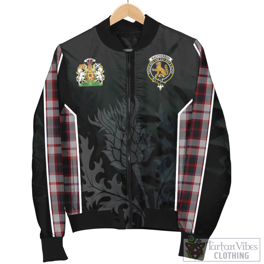 Tartan Vibes Clothing MacPherson Tartan Bomber Jacket with Family Crest and Scottish Thistle Vibes Sport Style