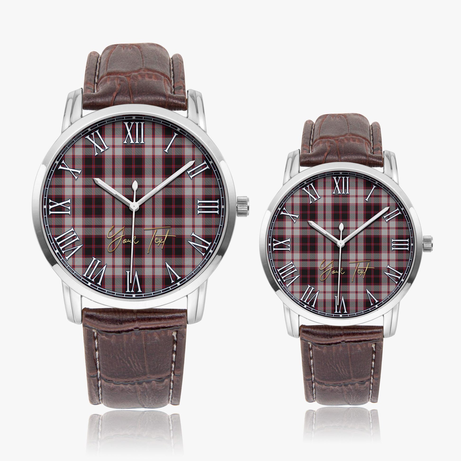 MacPherson Tartan Personalized Your Text Leather Trap Quartz Watch Wide Type Silver Case With Brown Leather Strap - Tartanvibesclothing