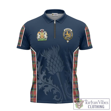 MacPherson Ancient Tartan Zipper Polo Shirt with Family Crest and Scottish Thistle Vibes Sport Style