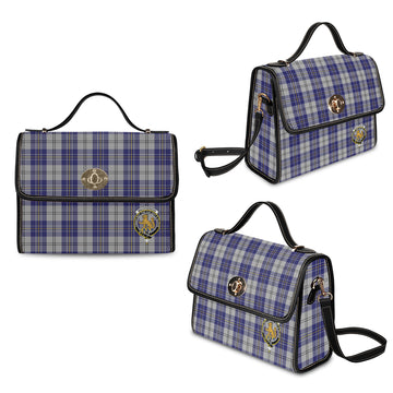 macpherson-dress-blue-tartan-leather-strap-waterproof-canvas-bag-with-family-crest