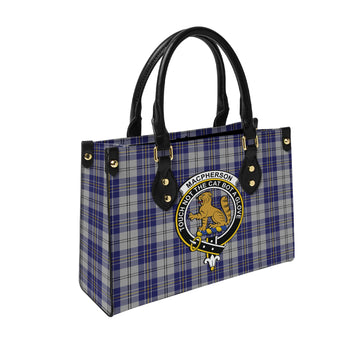 MacPherson Dress Blue Tartan Leather Bag with Family Crest
