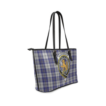 MacPherson Dress Blue Tartan Leather Tote Bag with Family Crest