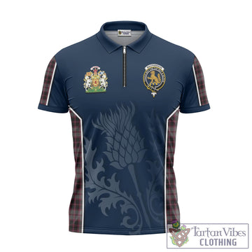 MacPherson Hunting Tartan Zipper Polo Shirt with Family Crest and Scottish Thistle Vibes Sport Style
