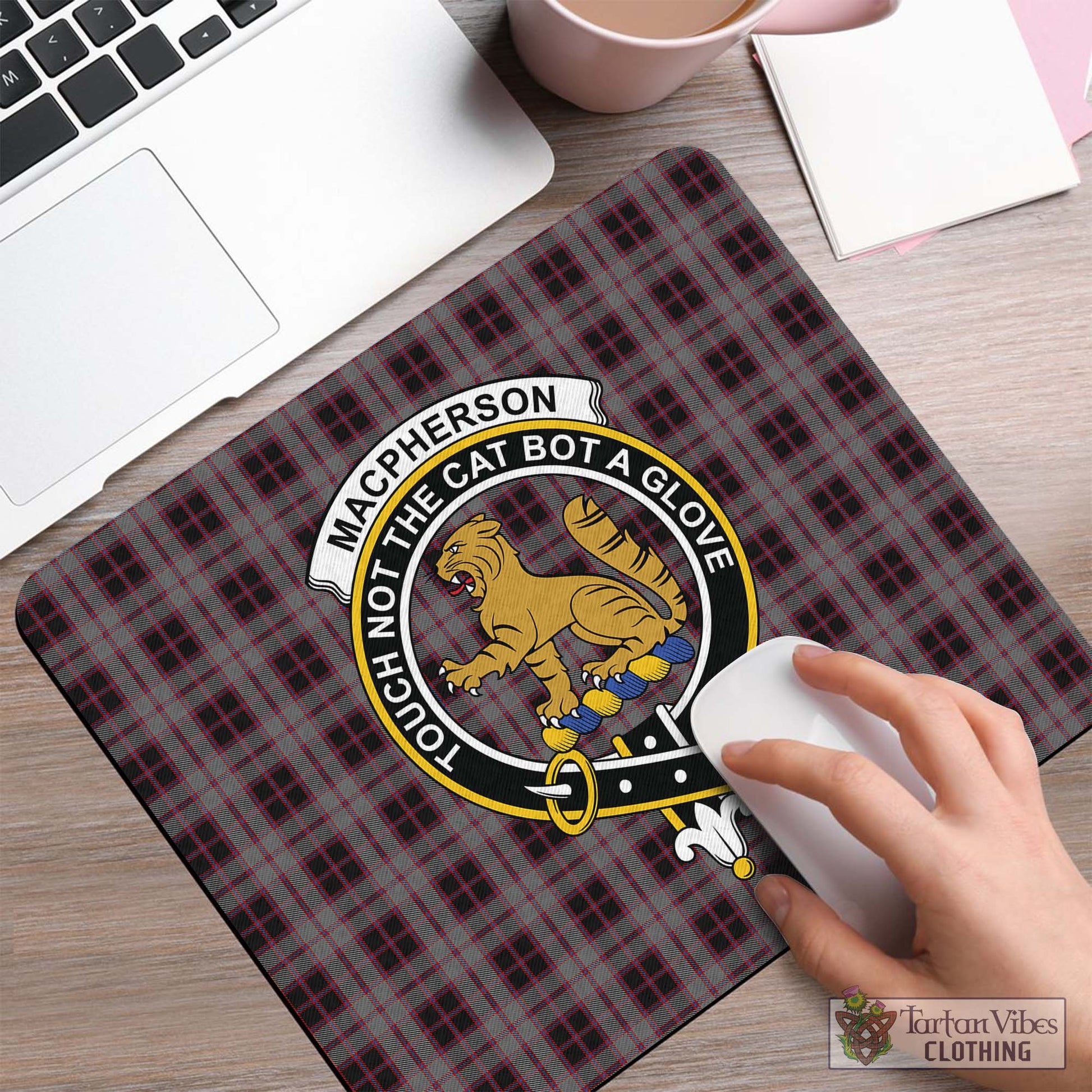 Tartan Vibes Clothing MacPherson Hunting Tartan Mouse Pad with Family Crest