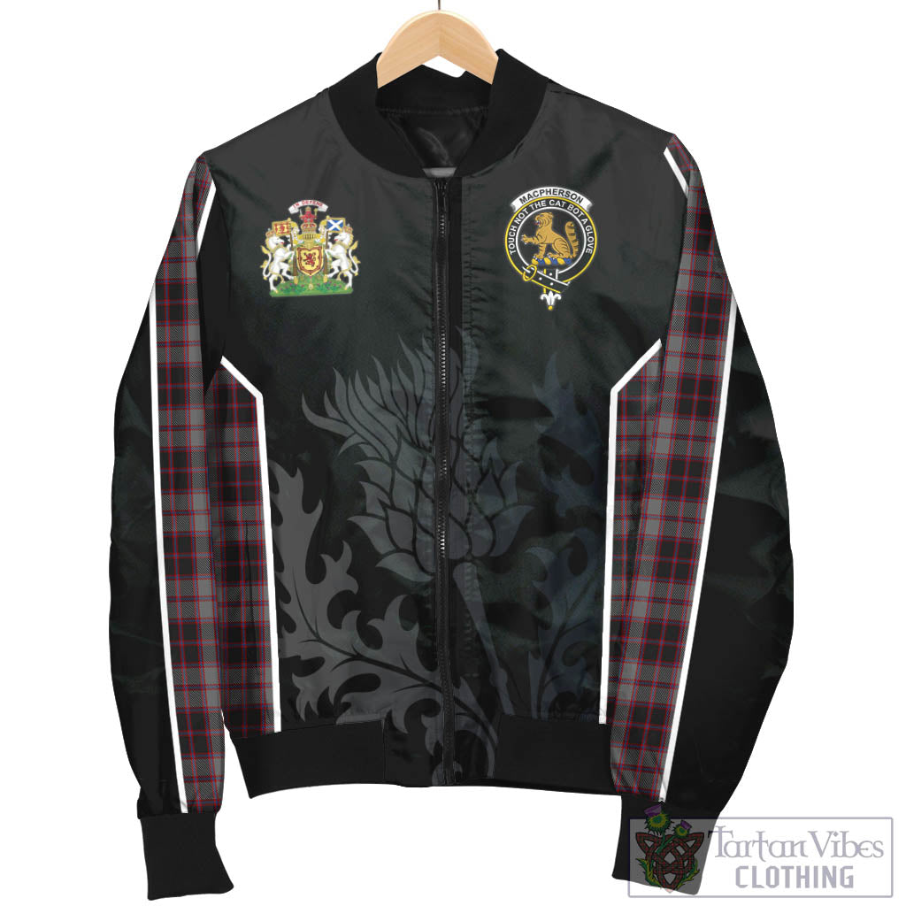 Tartan Vibes Clothing MacPherson Hunting Tartan Bomber Jacket with Family Crest and Scottish Thistle Vibes Sport Style