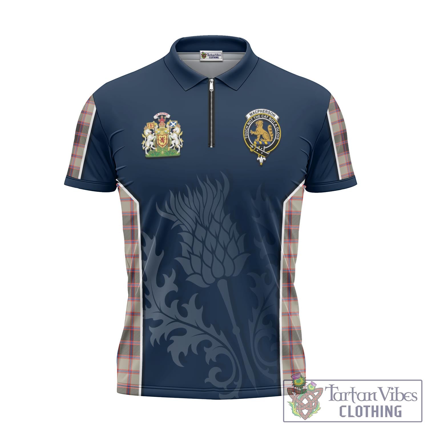 Tartan Vibes Clothing MacPherson Hunting Ancient Tartan Zipper Polo Shirt with Family Crest and Scottish Thistle Vibes Sport Style