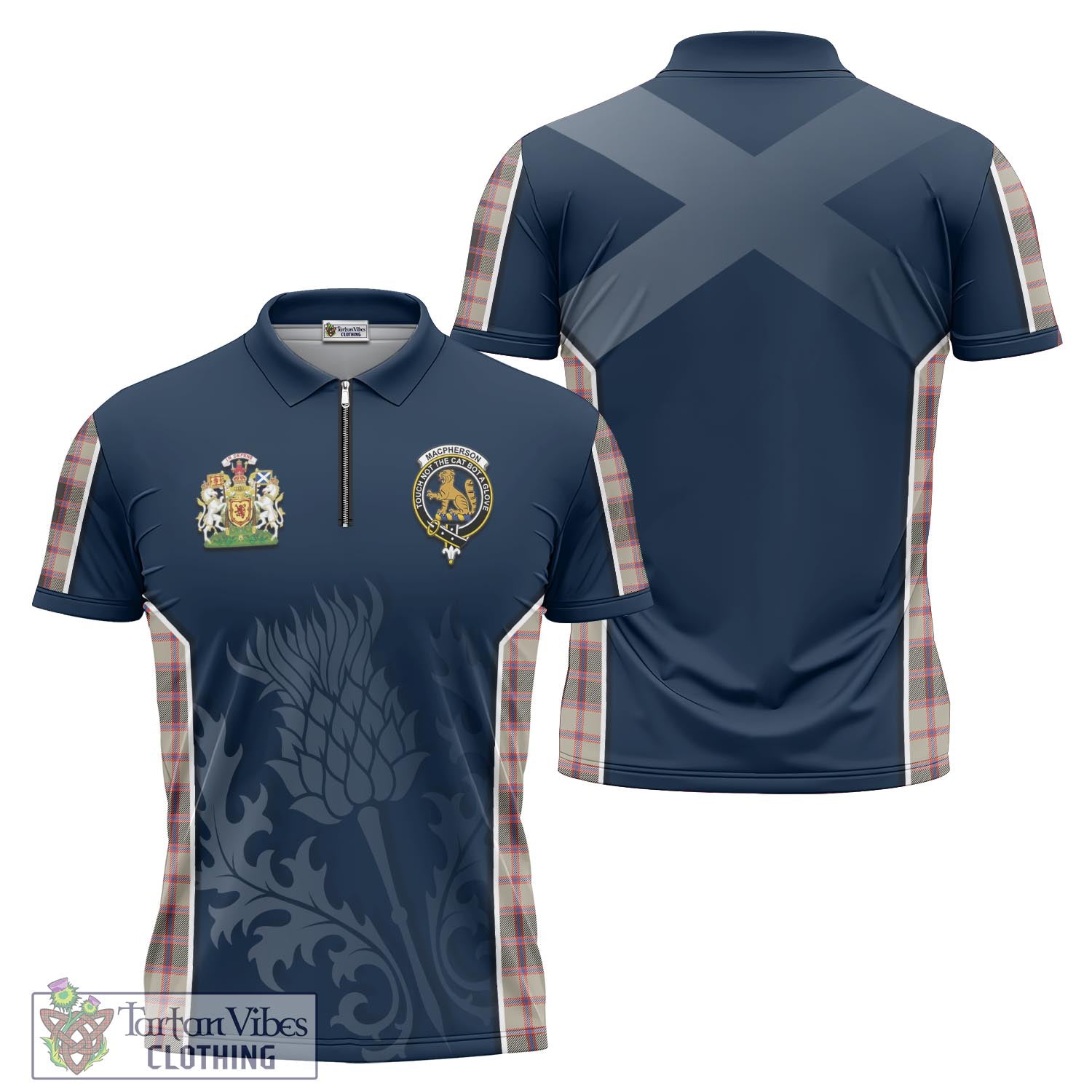 Tartan Vibes Clothing MacPherson Hunting Ancient Tartan Zipper Polo Shirt with Family Crest and Scottish Thistle Vibes Sport Style