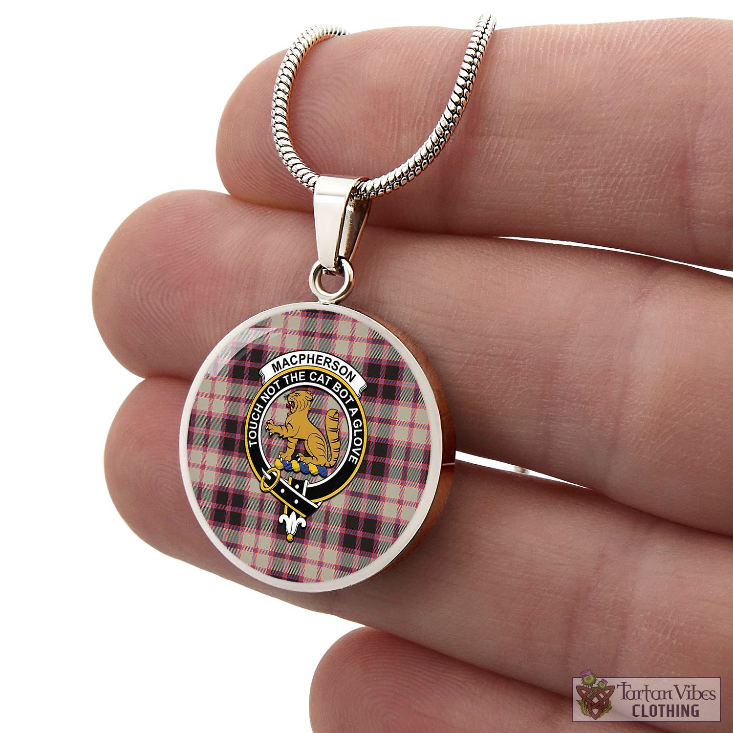 Tartan Vibes Clothing MacPherson Hunting Ancient Tartan Circle Necklace with Family Crest