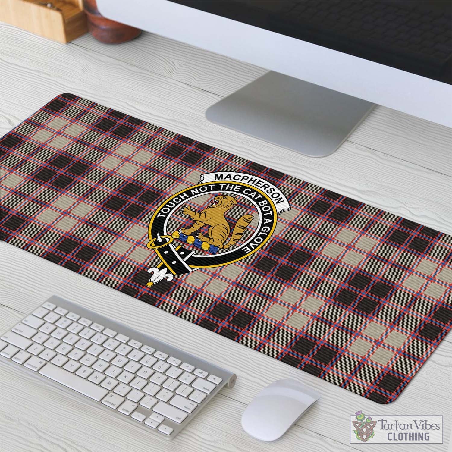Tartan Vibes Clothing MacPherson Hunting Ancient Tartan Mouse Pad with Family Crest