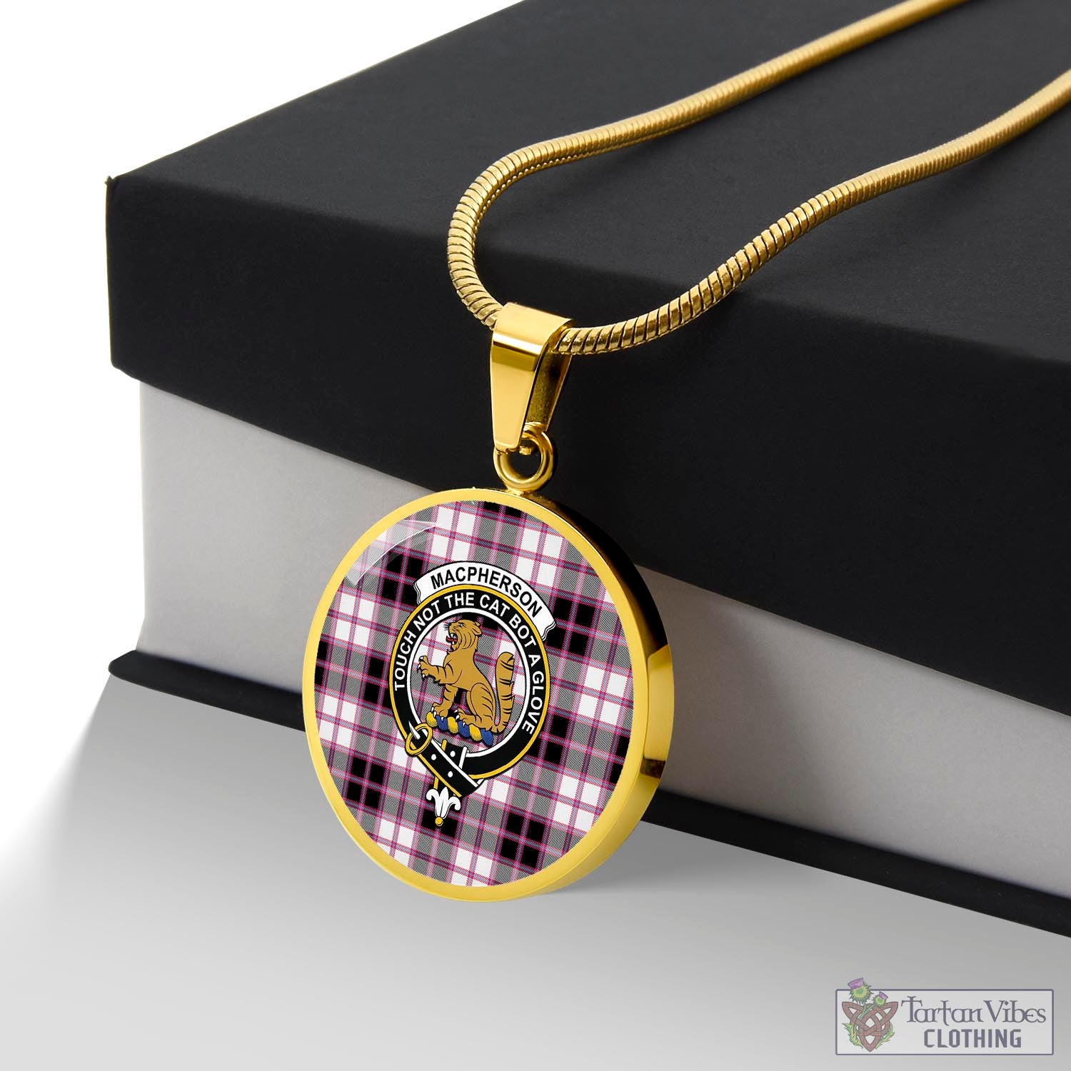 Tartan Vibes Clothing MacPherson Hunting Modern Tartan Circle Necklace with Family Crest