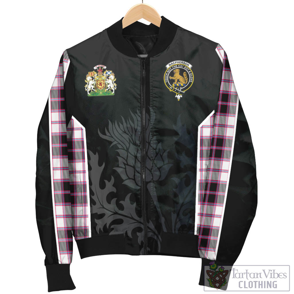 Tartan Vibes Clothing MacPherson Hunting Modern Tartan Bomber Jacket with Family Crest and Scottish Thistle Vibes Sport Style