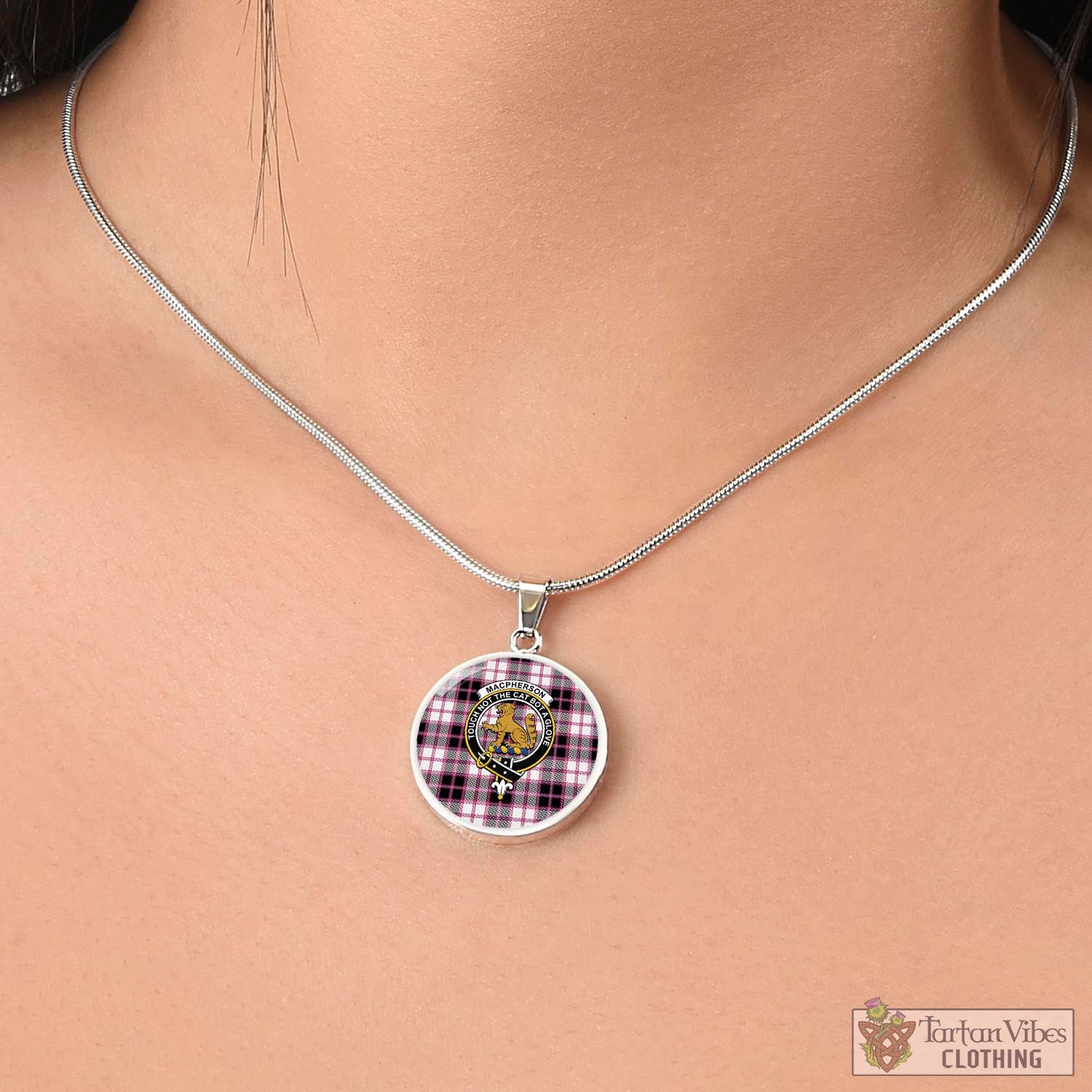 Tartan Vibes Clothing MacPherson Hunting Modern Tartan Circle Necklace with Family Crest