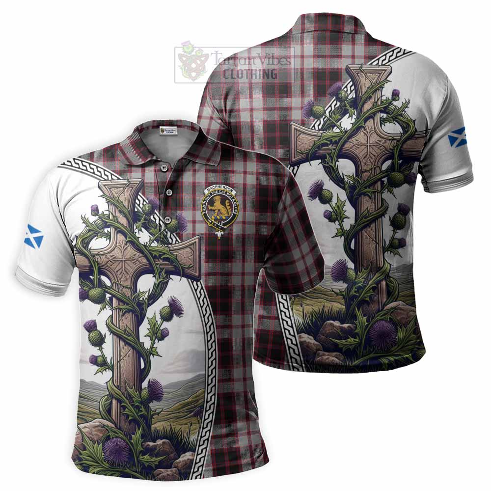Tartan Vibes Clothing MacPherson (McPherson) Tartan Polo Shirt with Family Crest and St. Andrew's Cross Accented by Thistle Vines