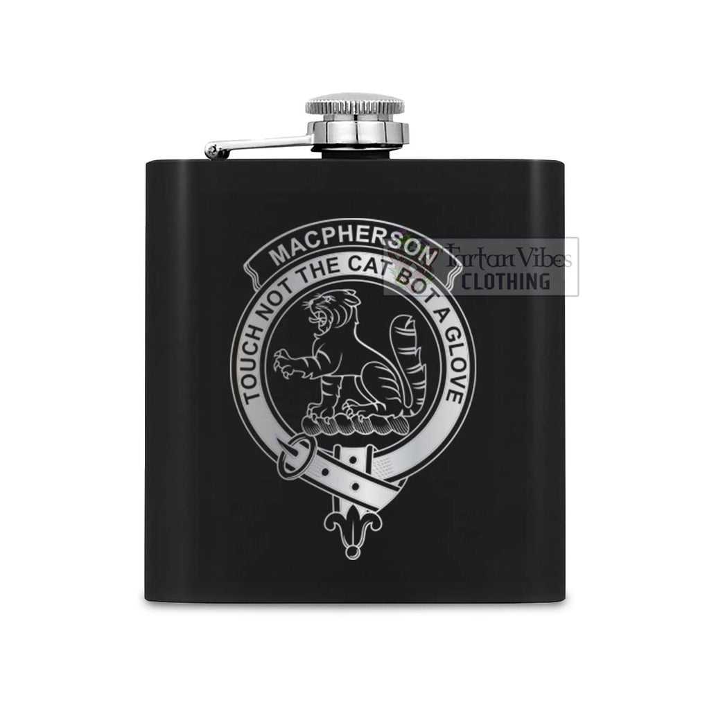 Tartan Vibes Clothing MacPherson (McPherson) Crest Hip Flask Set 7oz Black Stainless Steel with A Gift Box