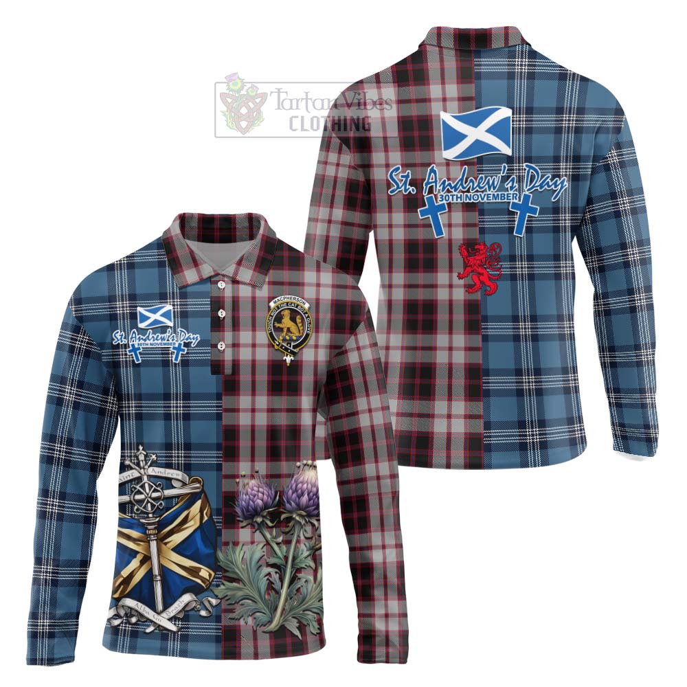 Tartan Vibes Clothing MacPherson (McPherson) Tartan Long Sleeve Polo Shirt Happy St. Andrew's Day Half Tartan Style