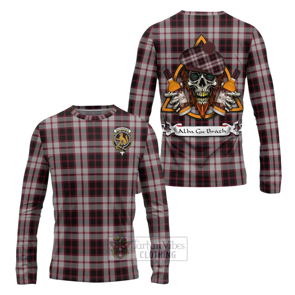 Tartan Vibes Clothing MacPherson (McPherson) Tartan Long Sleeve T-Shirt with Family Crest and Bearded Skull Holding Bottles of Whiskey