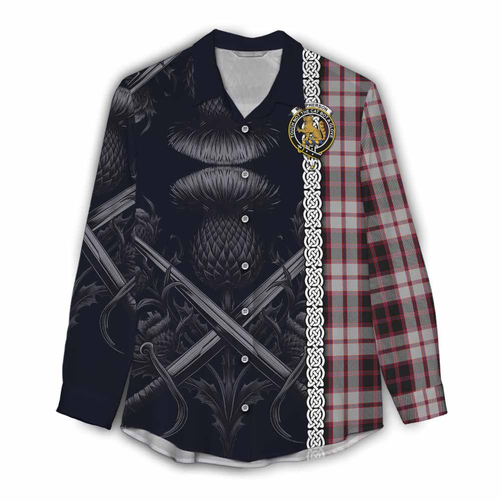 Tartan Vibes Clothing MacPherson (McPherson) Tartan Women's Casual Shirt with Family Crest Cross Sword Thistle Celtic Vibes