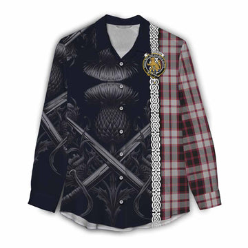 Tartan Vibes Clothing MacPherson (McPherson) Tartan Women's Casual Shirt with Family Crest Cross Sword Thistle Celtic Vibes