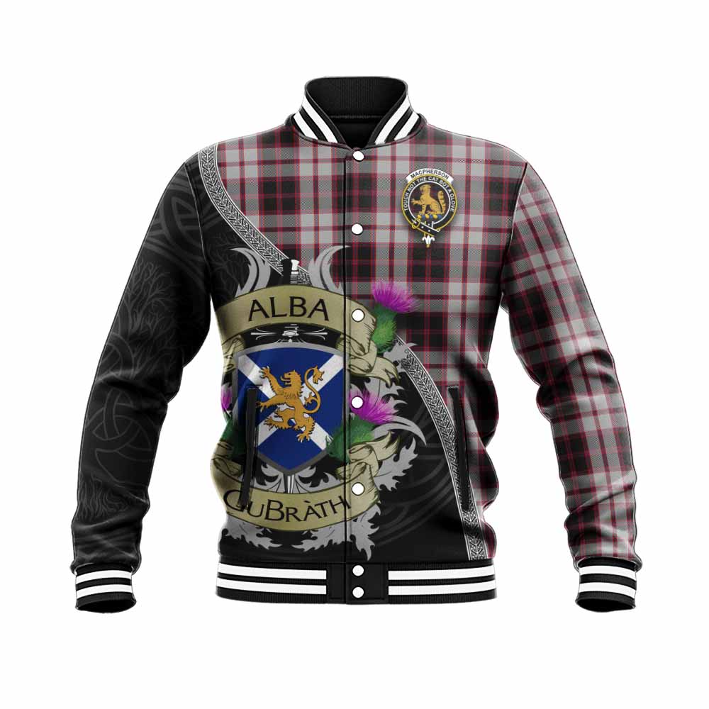 Tartan Vibes Clothing MacPherson (McPherson) Tartan Family Crest Baseball Jacket Lion Rampant Royal Thistle Shield Celtic Inspired