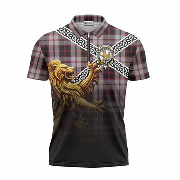 MacPherson (McPherson) Crest Tartan Zipper Polo Shirt with Golden Lion Emblem Celtic Style