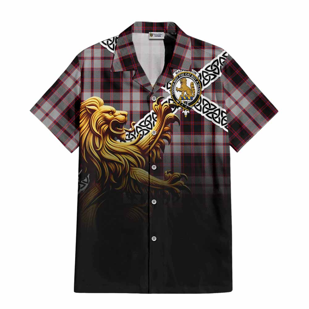 Tartan Vibes Clothing MacPherson (McPherson) Crest Tartan Short Sleeve Button Shirt with Golden Lion Emblem Celtic Style