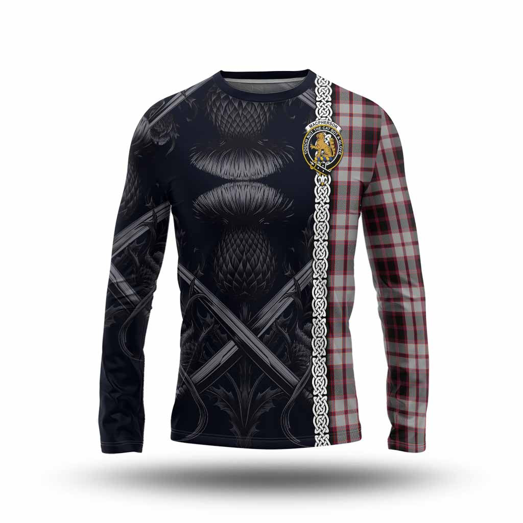 Tartan Vibes Clothing MacPherson (McPherson) Tartan Long Sleeve T-Shirt with Family Crest Cross Sword Thistle Celtic Vibes