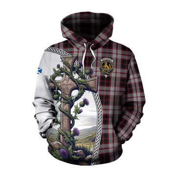 Tartan Vibes Clothing MacPherson (McPherson) Tartan Cotton Hoodie with Family Crest and St. Andrew's Cross Accented by Thistle Vines
