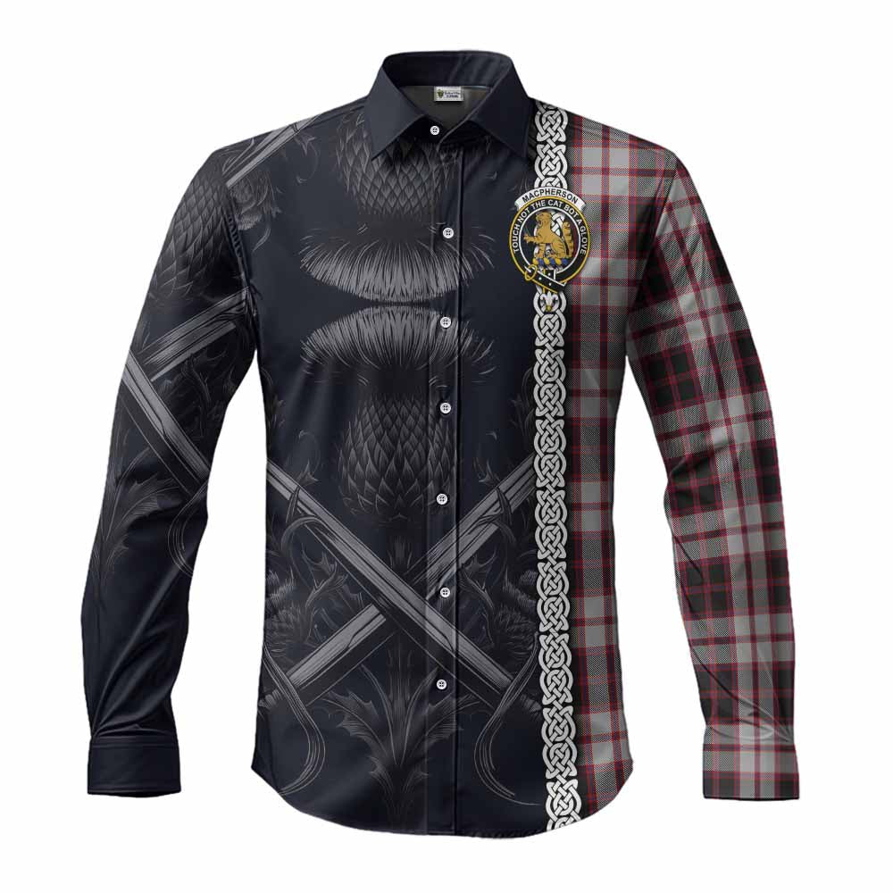 Tartan Vibes Clothing MacPherson (McPherson) Tartan Long Sleeve Button Shirt with Family Crest Cross Sword Thistle Celtic Vibes