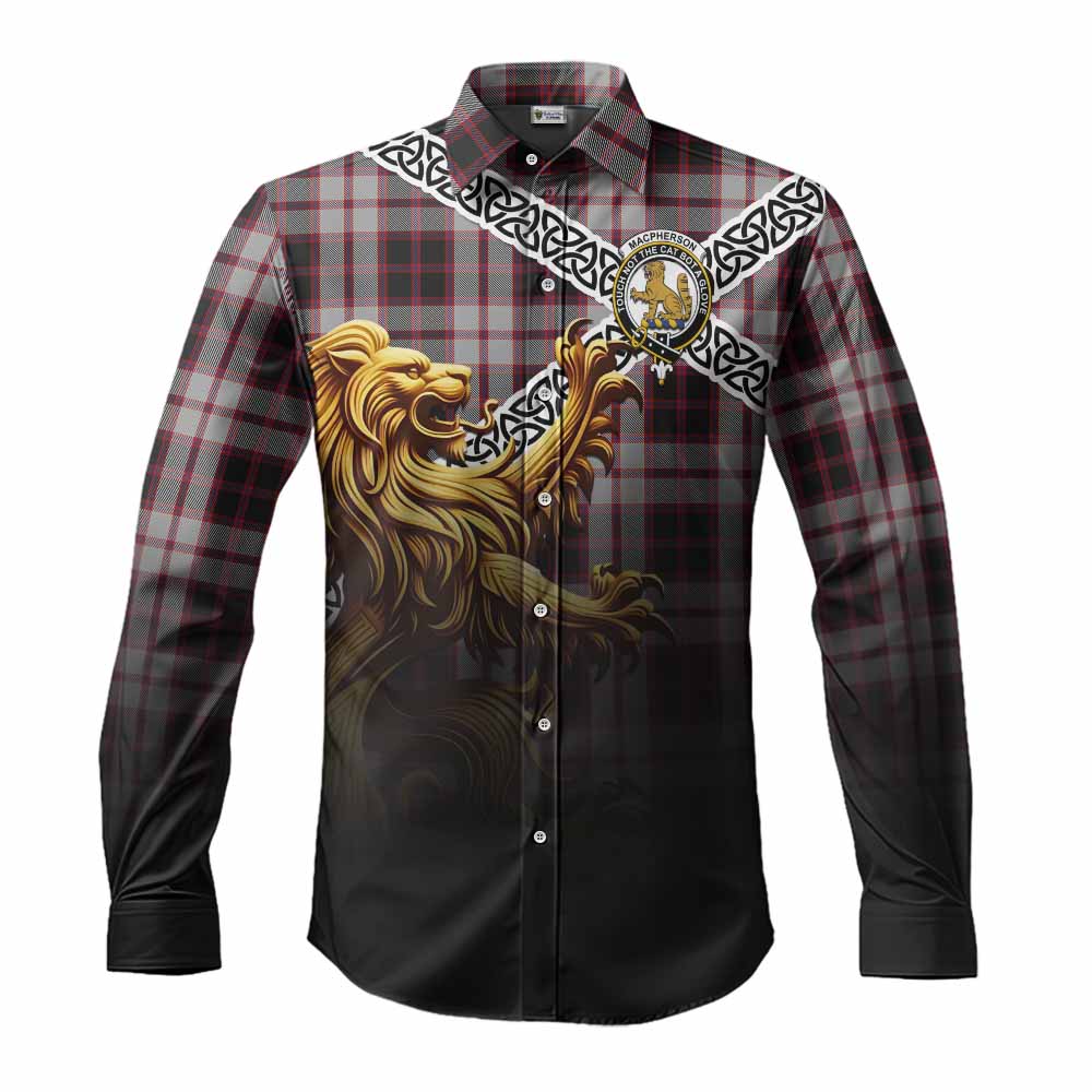 Tartan Vibes Clothing MacPherson (McPherson) Crest Tartan Long Sleeve Button Shirt with Golden Lion Emblem Celtic Style