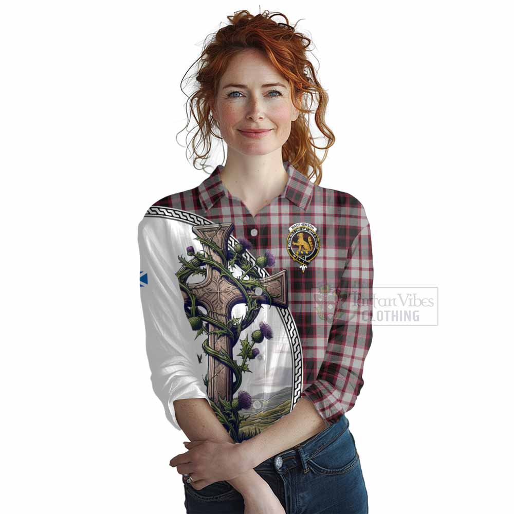 Tartan Vibes Clothing MacPherson (McPherson) Tartan Women's Casual Shirt with Family Crest and St. Andrew's Cross Accented by Thistle Vines