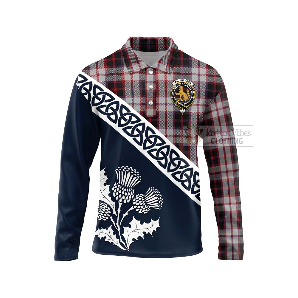 Tartan Vibes Clothing MacPherson (McPherson) Tartan Long Sleeve Polo Shirt Featuring Thistle and Scotland Map
