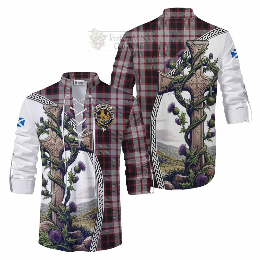 Tartan Vibes Clothing MacPherson (McPherson) Tartan Ghillie Kilt Shirt with Family Crest and St. Andrew's Cross Accented by Thistle Vines