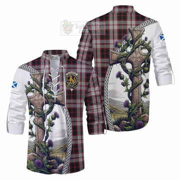 Tartan Vibes Clothing MacPherson (McPherson) Tartan Ghillie Kilt Shirt with Family Crest and St. Andrew's Cross Accented by Thistle Vines