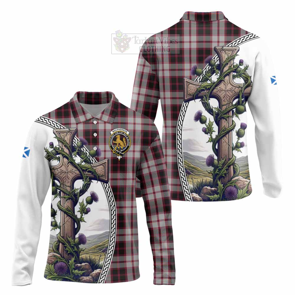 Tartan Vibes Clothing MacPherson (McPherson) Tartan Long Sleeve Polo Shirt with Family Crest and St. Andrew's Cross Accented by Thistle Vines