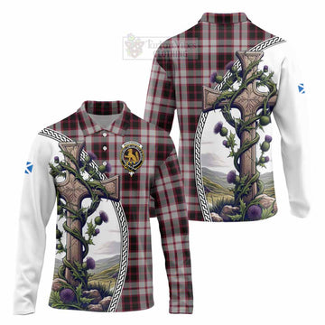 Tartan Vibes Clothing MacPherson (McPherson) Tartan Long Sleeve Polo Shirt with Family Crest and St. Andrew's Cross Accented by Thistle Vines